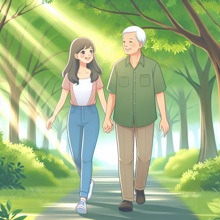 A couple of different ages happily walking in a park, with soft light filtering through trees, symbolizing harmony and understanding despite age differences.