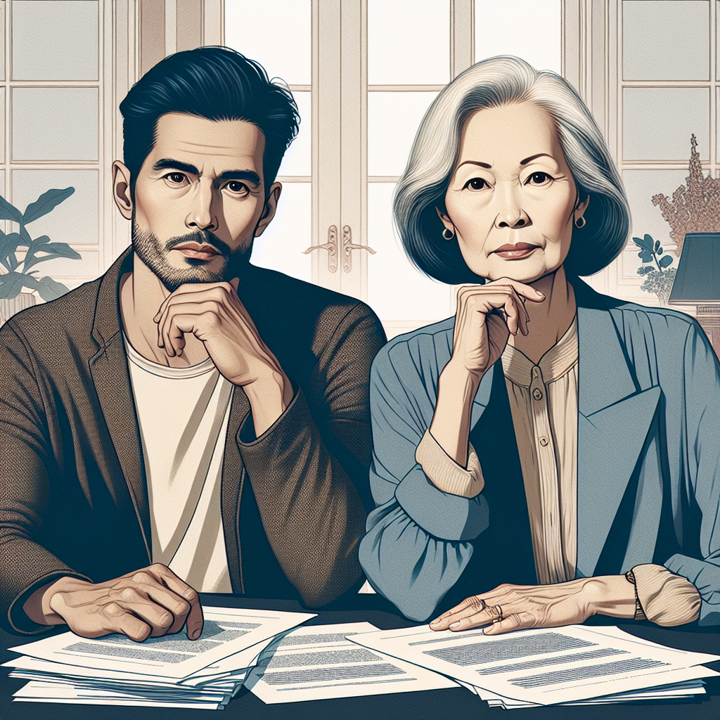 An illustration showing a mature couple sitting at a table with thoughtful expressions, paperwork scattered around, depicting a serious conversation about divorce in an elegant, calm setting.