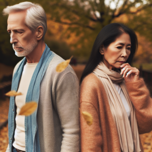 An older couple walking apart in a park, symbolizing separation, with autumn leaves falling around them. The expressions on their faces are contemplative, reflecting a sense of change.