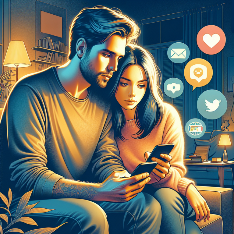 A romantic, modern illustration of a couple using smartphones together, with various app icons subtly arranged around them. The background features a cozy, intimate home setting with warm lighting, emphasizing connection and digital interaction in a relationship.