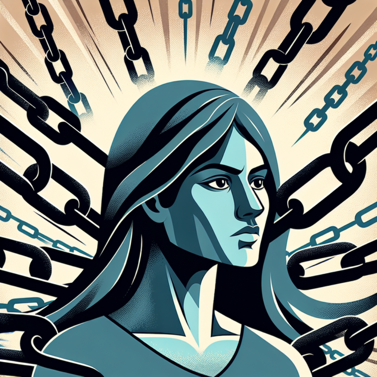 An illustrative image of a woman breaking free from chains symbolizing manipulation, with a determined expression and a background depicting abstract chains and shadows, highlighting the theme of psychological freedom and empowerment.