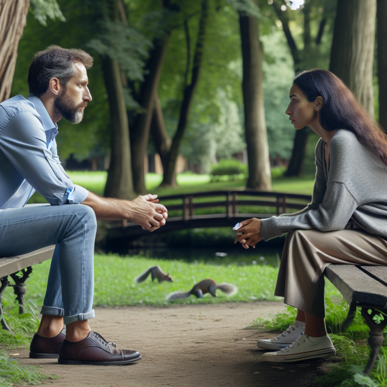 Two people sitting on a park bench, engaged in a serious and heartfelt conversation, both showing empathy and understanding, with a serene park setting in the background, capturing the essence of mutual respect during difficult conversations.