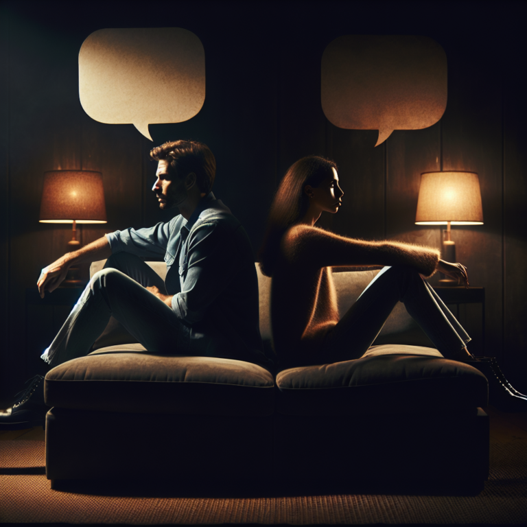 A couple sitting back-to-back on a couch, both looking away, with empty speech bubbles above their heads, symbolizing lack of communication. The room is dimly lit, invoking a sense of emotional distance.