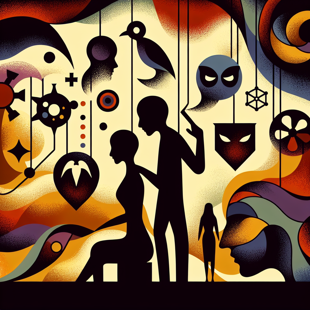 A psychological illustration showing the concept of manipulation, with shadowy figures whispering controlling phrases into another's ear, set in a symbolic, abstract background to convey emotional manipulation.