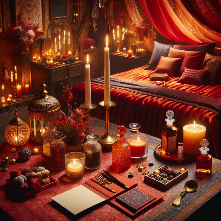 A romantic scene with candles, a bed with red silk sheets, and various elegantly displayed intimate gifts like massage oils, sensual games, and discreet handmade toys, creating an atmosphere of warmth and intimacy.