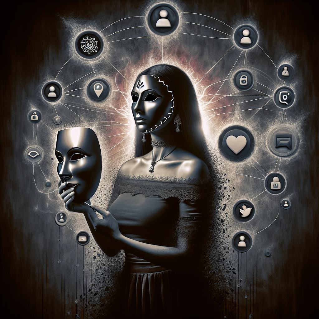 A dark, metaphorical image depicting a person holding a mask with social media icons floating around them, symbolizing the deceptive nature of cloutlighting, blending love, manipulation, and online influence.