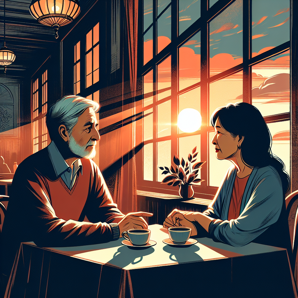 An illustration depicting an older couple in their 50s, sitting at a table, looking contemplative and introspective. The setting is cozy, with warm lighting, capturing a moment of deep conversation and reflection. Include subtle elements that symbolize freedom and new beginnings, such as a view of a sunrise through a window.