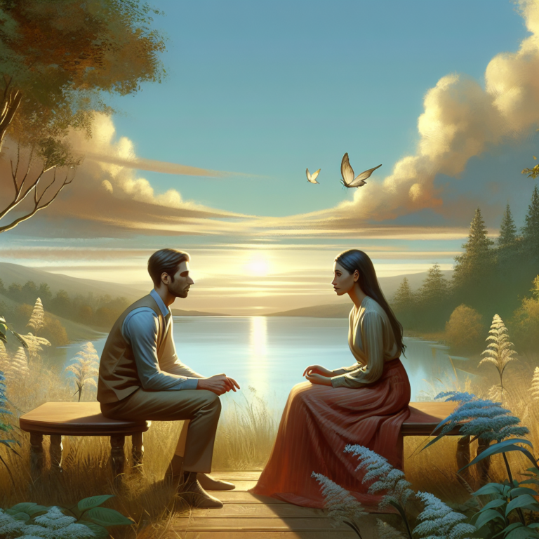 A calm and empathetic conversation between a couple in a serene setting, illustrating a gentle breakup with mutual respect and understanding.