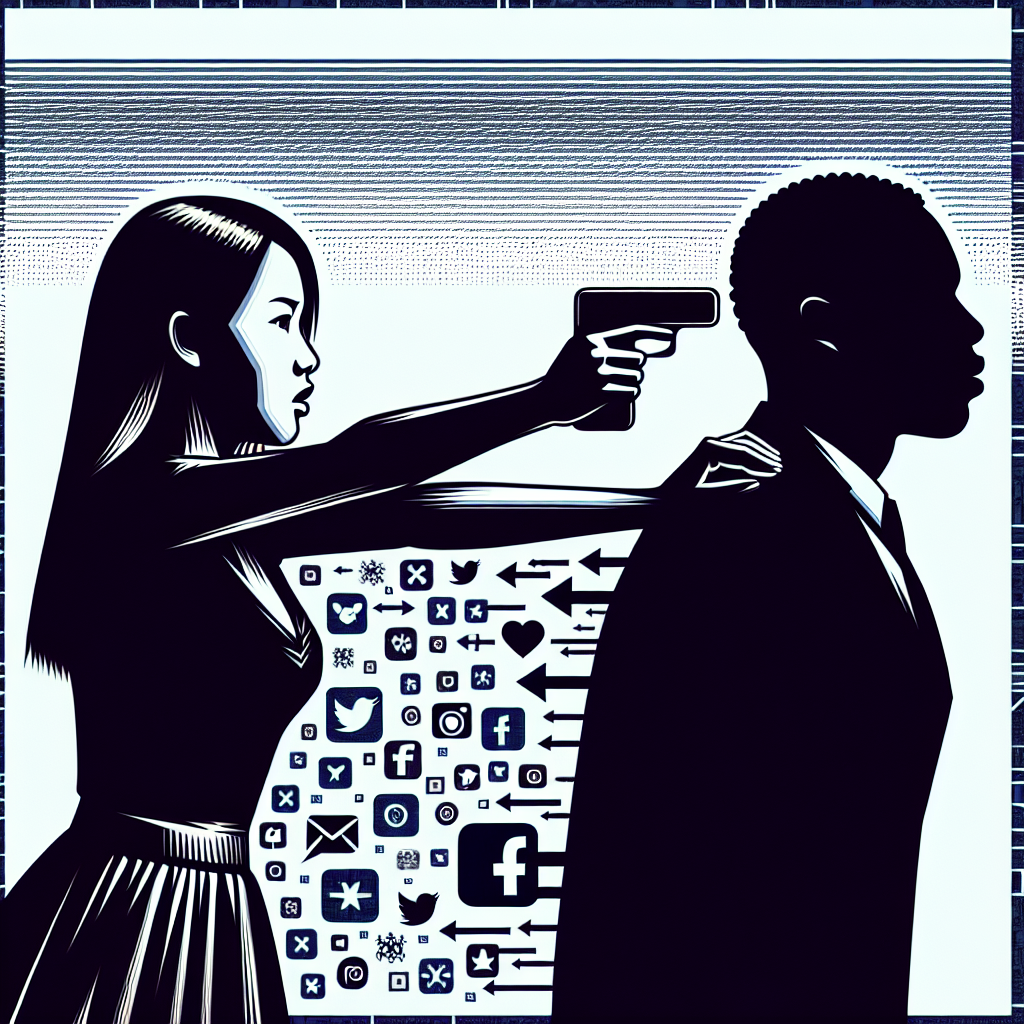 A digital illustration depicting a silhouette of a couple, with one person holding a smartphone capturing the other looking distressed, symbolizing the cloutlighting phenomenon. The background is a stylized representation of social media icons scattered around, capturing the essence of online manipulation and exposure.