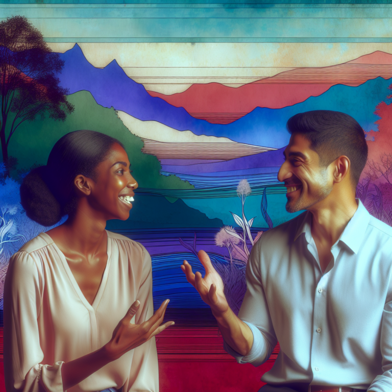 A diverse couple of different ages, happy and engaged in a candid conversation, with a serene, colorful landscape in the background, representing harmony and acceptance.