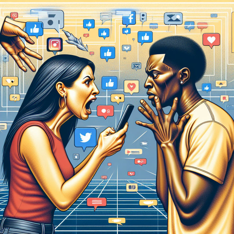 A digital illustration showing two people in an emotional disagreement, with social media icons floating around them. One person is holding a phone, capturing the moment, while the other looks visibly upset. The background depicts a social media platform interface, symbolizing online exposure and conflict in relationships.