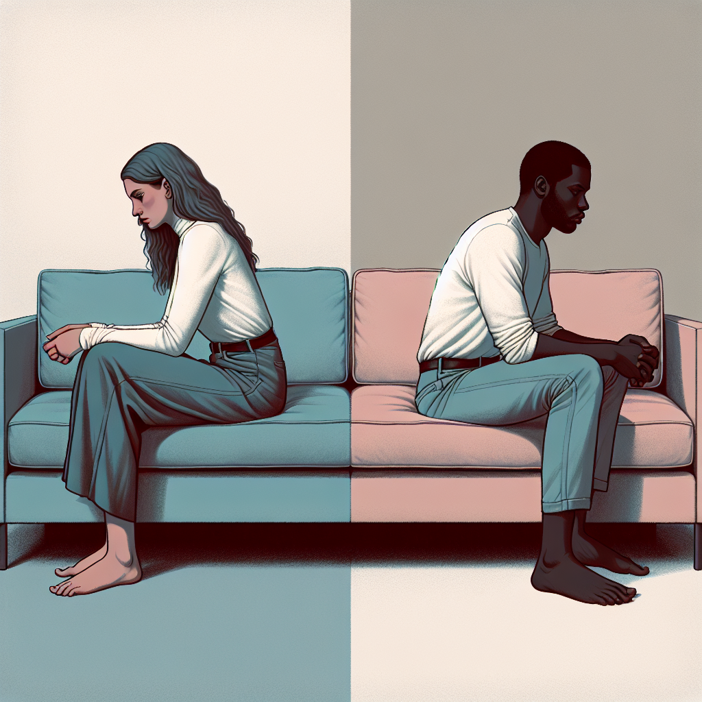 A thoughtful illustration of a couple sitting on opposite ends of a couch, each looking down, with muted, pastel color tones representing emotional distance and lack of communication.