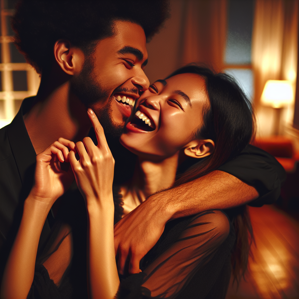 A couple in an intimate, playful setting, captured in a warm and soft lighting. One partner is playfully pretending to bite the other, both laughing and showing affection. The scene is cozy and private, suggesting a safe and loving atmosphere.