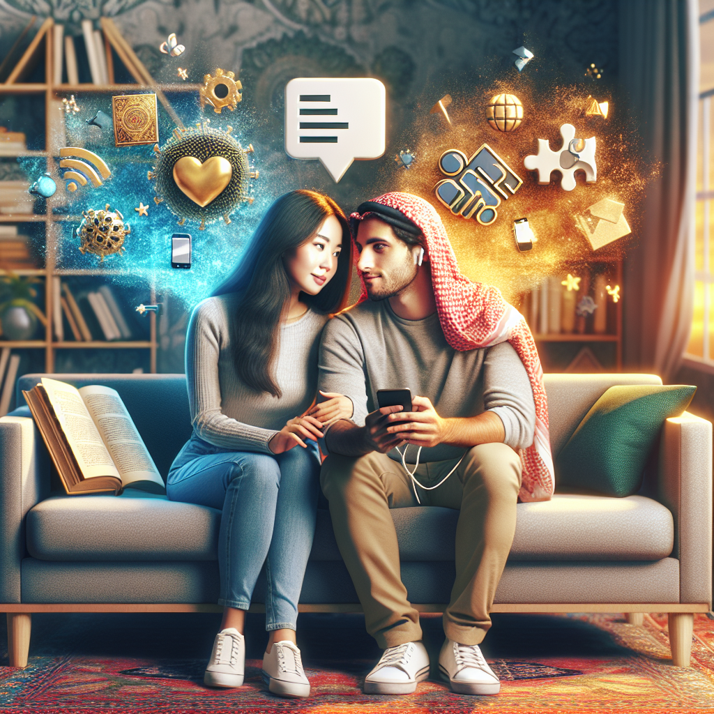 A couple sitting together, looking at each other lovingly, while surrounded by symbolic representations of communication, engagement, understanding, and common interests. The image should evoke a sense of unity and connection despite differences.