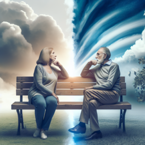 Un couple âgé discutant calmement avec des regards pensifs, assis sur un banc de parc sous un ciel partiellement nuageux, représentant l'idée de transition et de nouvelles perspectives après la cinquantaine.