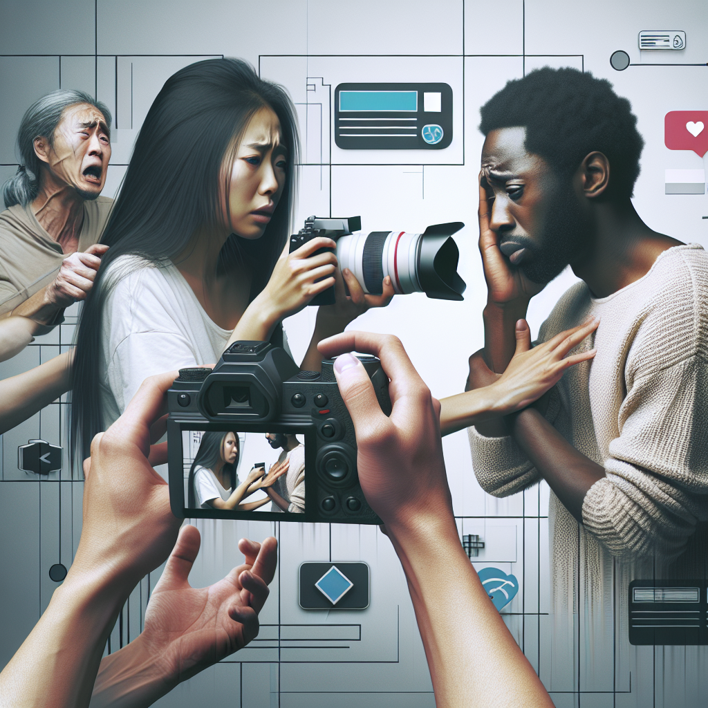 A dramatic depiction of a couple with one partner filming while the other looks distressed, set in a stylized social media interface background, blending real-world interaction with digital elements, conveying emotion and conflict.