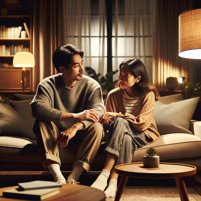 A harmonious couple sitting together, both engaged in an open conversation with a warm atmosphere, symbolizing connection and understanding. The background should be a cozy living room with soft lighting, enhancing the feeling of intimacy and closeness.