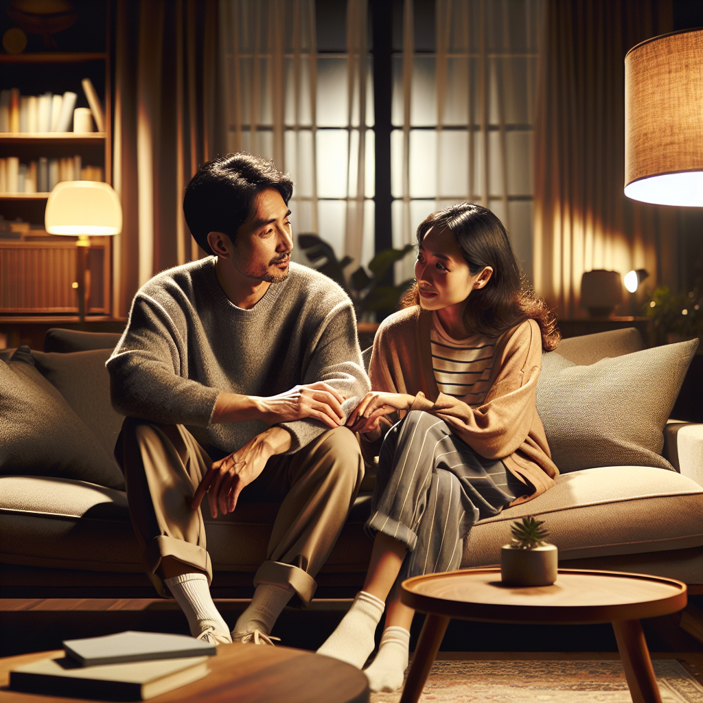 A harmonious couple sitting together, both engaged in an open conversation with a warm atmosphere, symbolizing connection and understanding. The background should be a cozy living room with soft lighting, enhancing the feeling of intimacy and closeness.