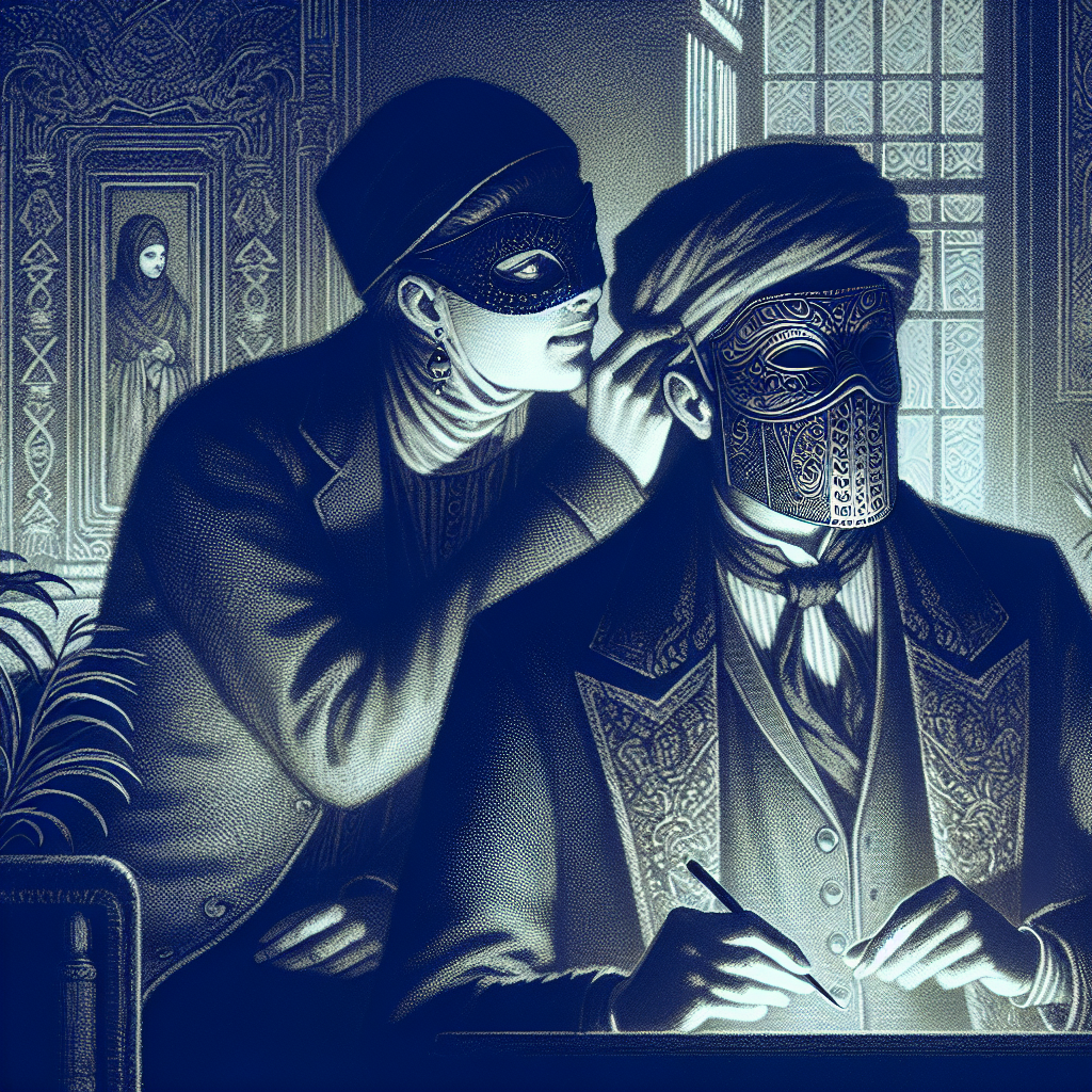 A subtle and mysterious illustration showing a masked figure whispering to another person's ear, set in a shadowy room with low lighting. The scene should convey a sense of manipulation and psychological control, emphasizing the masked person's hidden intentions.