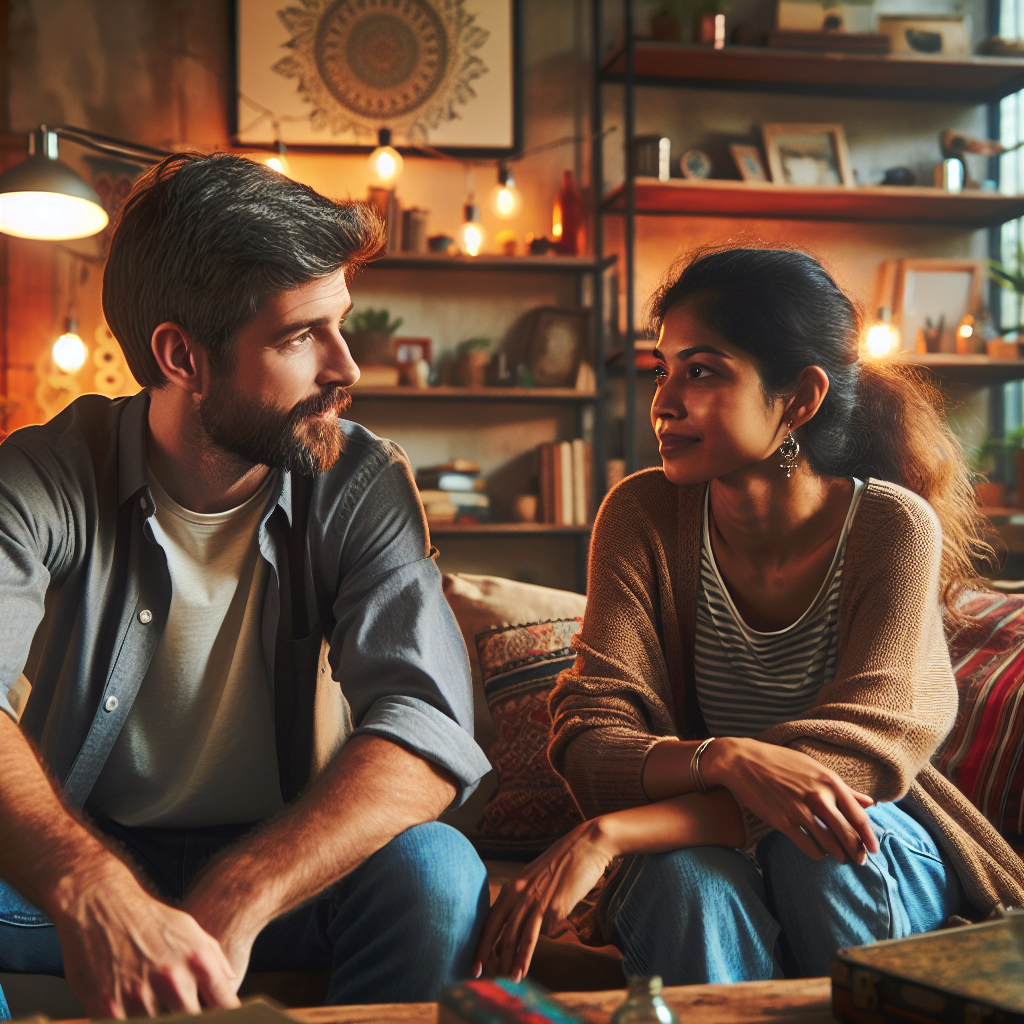 A diverse couple sitting together on a cozy sofa, engaged in a deep conversation, with a background showing their living room filled with personal items that reflect their individuality and common interests. The atmosphere is warm and inviting, emphasizing connection and understanding.