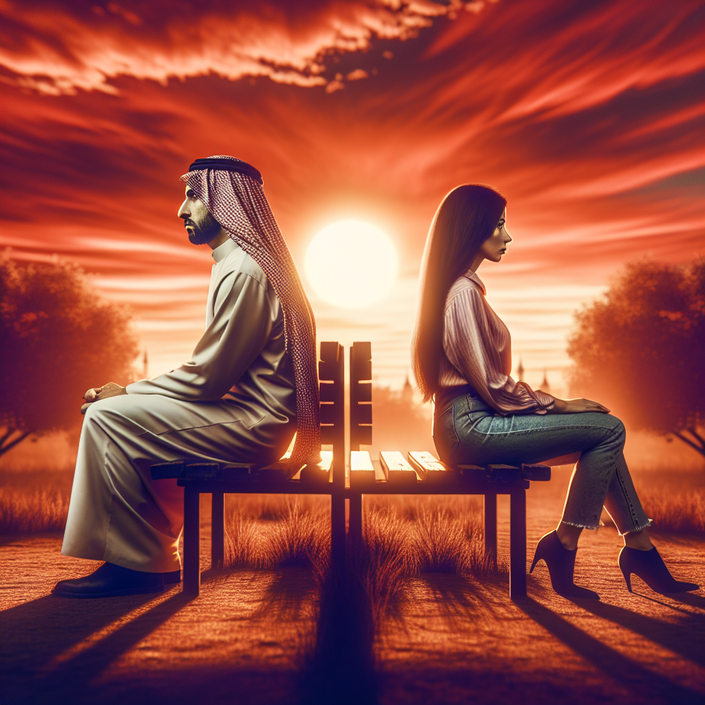 A couple sitting on a bench at sunset, looking in opposite directions, symbolizing emotional distance.