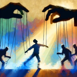 An impressionistic illustration depicting a scene of invisible manipulation, showing a person breaking free from shadowy strings controlled by a puppet master. The colors should convey a sense of empowerment and clarity.