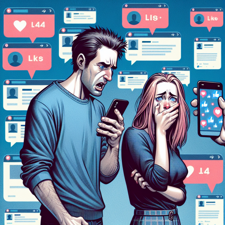 A couple facing each other with smartphones in hand, one partner filming the other who looks visibly upset, depicting a scene of online manipulation in a modern, digital setting. The background should be a social media interface with numerous likes and comments symbolizing online attention.