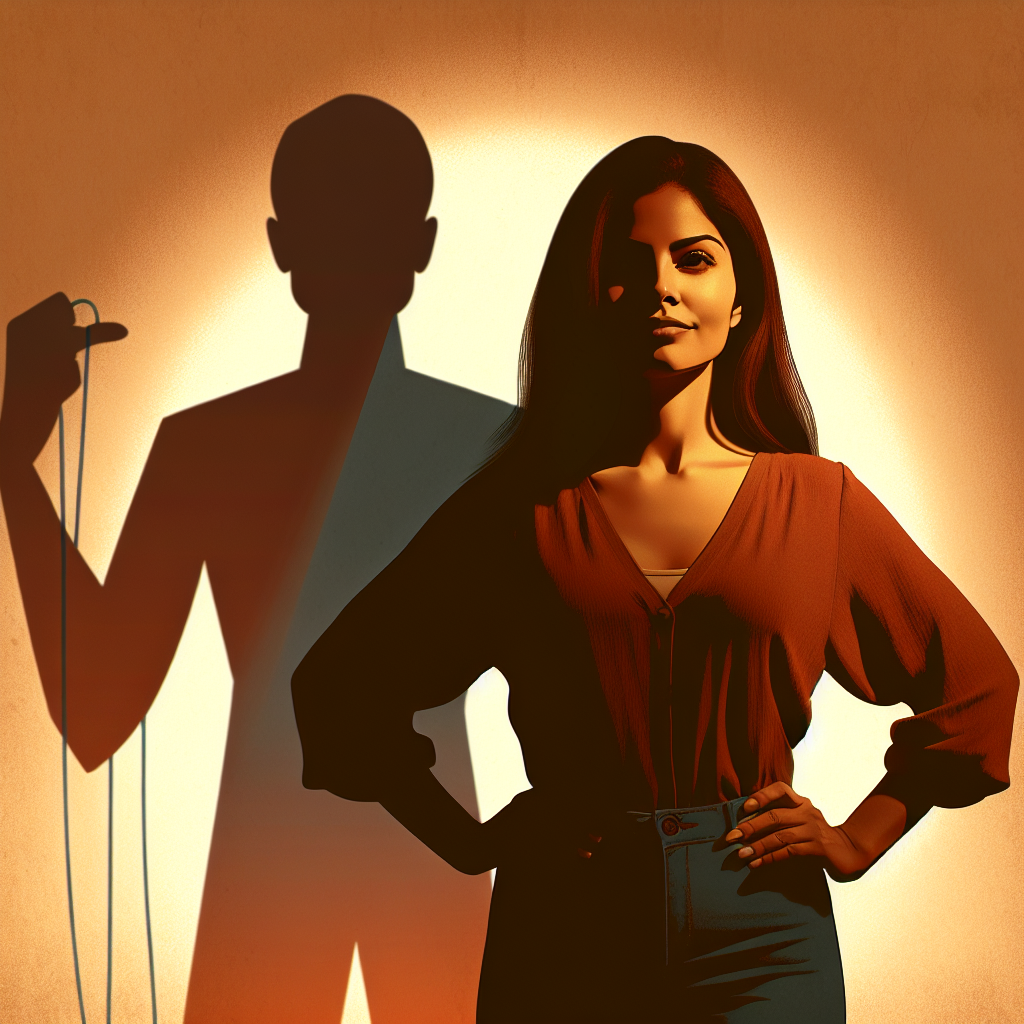 An illustration showing a person calmly standing strong against a shadowy figure representing manipulation. The scene is set in a warm, supportive light, emphasizing empowerment and resilience.