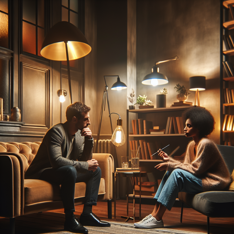 A diverse couple sitting together in a cozy, warmly-lit room engaged in a deep, thoughtful conversation, symbolizing communication and understanding. The setting should convey warmth and emotional connection, with elements like a sofa, coffee table, books, and soft lighting to enhance the intimate atmosphere.