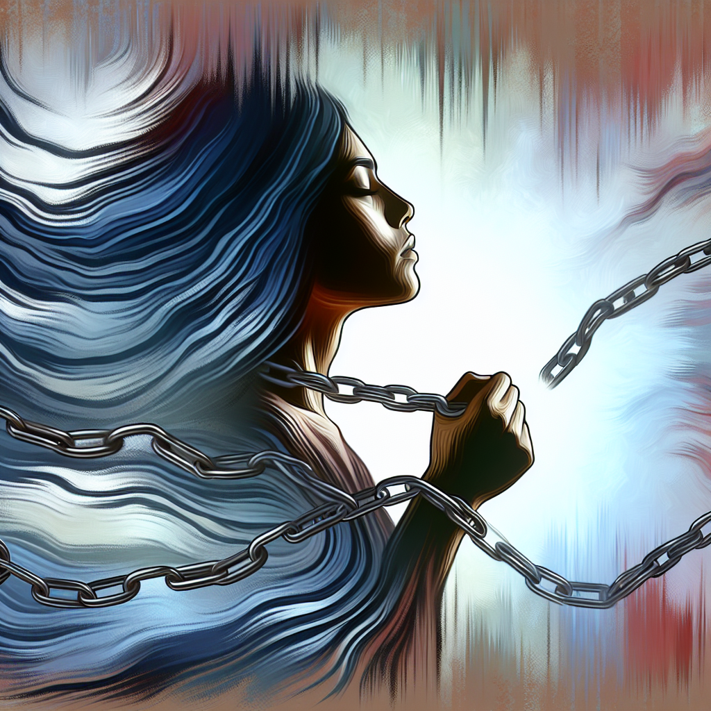 A thoughtful and expressive illustration depicting a person breaking free from chains, symbolizing liberation from a toxic relationship. The background is abstract, representing turbulent emotions transitioning to calm and peace.