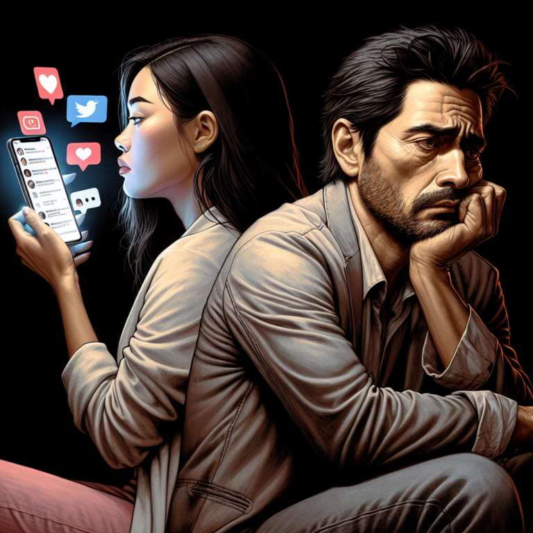 A tense couple sitting back-to-back, with one partner holding a smartphone showing social media icons and the other looking distressed; digital art style, emphasizing tension and emotional disconnect.