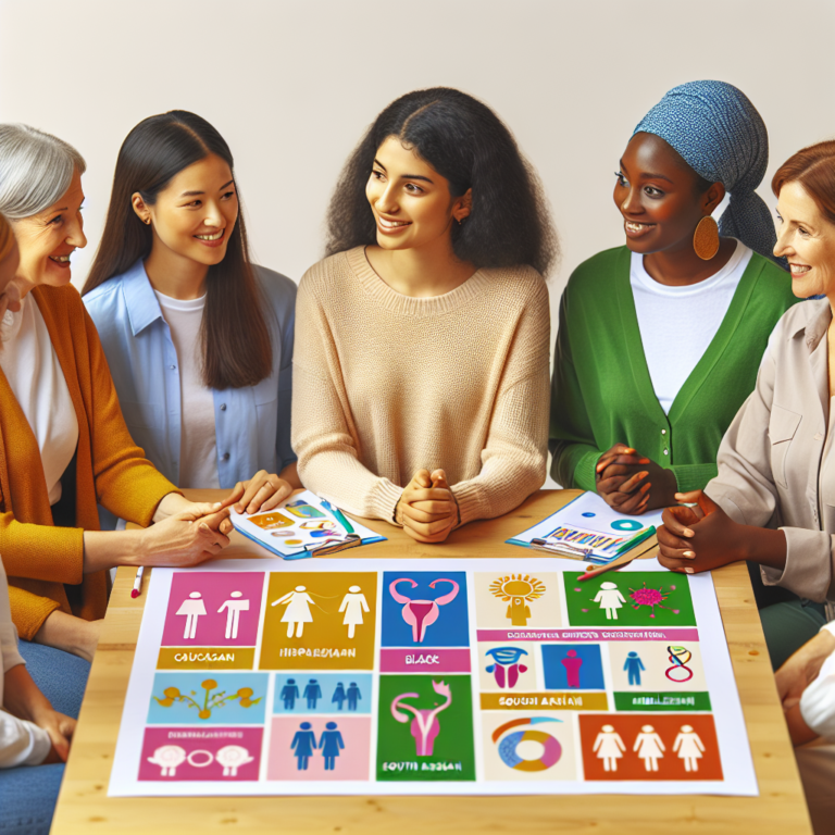 A diverse group of women in a supportive and educational setting, discussing sexual health and pleasure with colorful educational charts and friendly conversation.