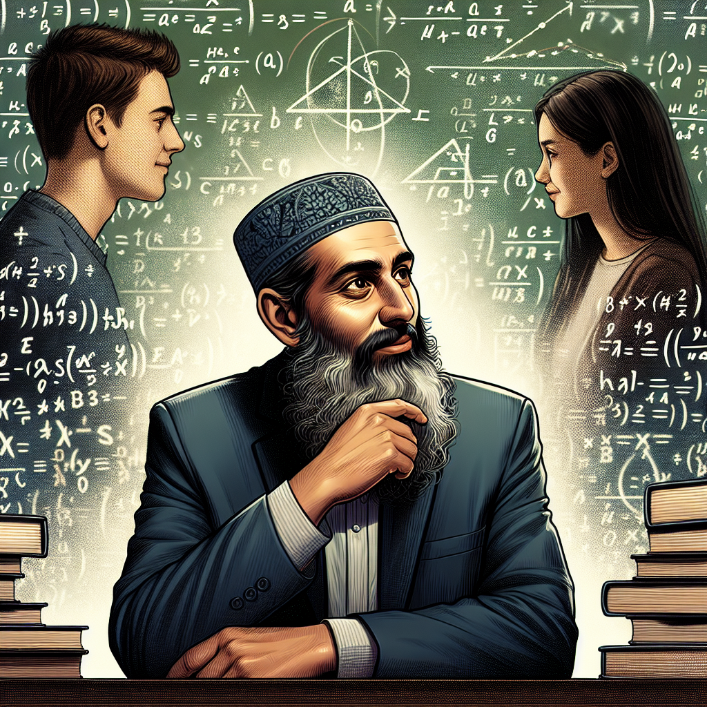 A mathematics professor in a contemplative pose, surrounded by chalkboards filled with complex equations, while a young couple discusses in the background, symbolizing relationship challenges and solutions.