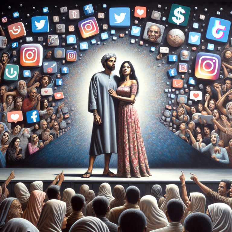 A symbolic image showing a couple on a stage, with social media icons like Instagram and TikTok floating around, illustrating online attention and the concept of cloutlighting.