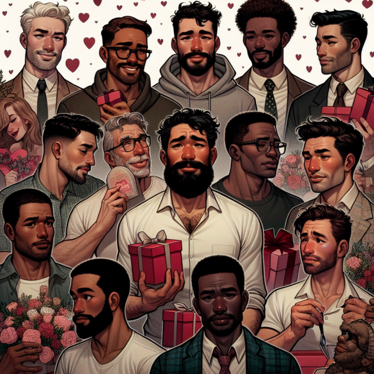 A group of diverse men expressing different emotions about Valentine's Day; some with gifts, others indifferent, and a few enjoying the celebration with friends. The background should suggest a romantic atmosphere with subtle Valentine decorations.