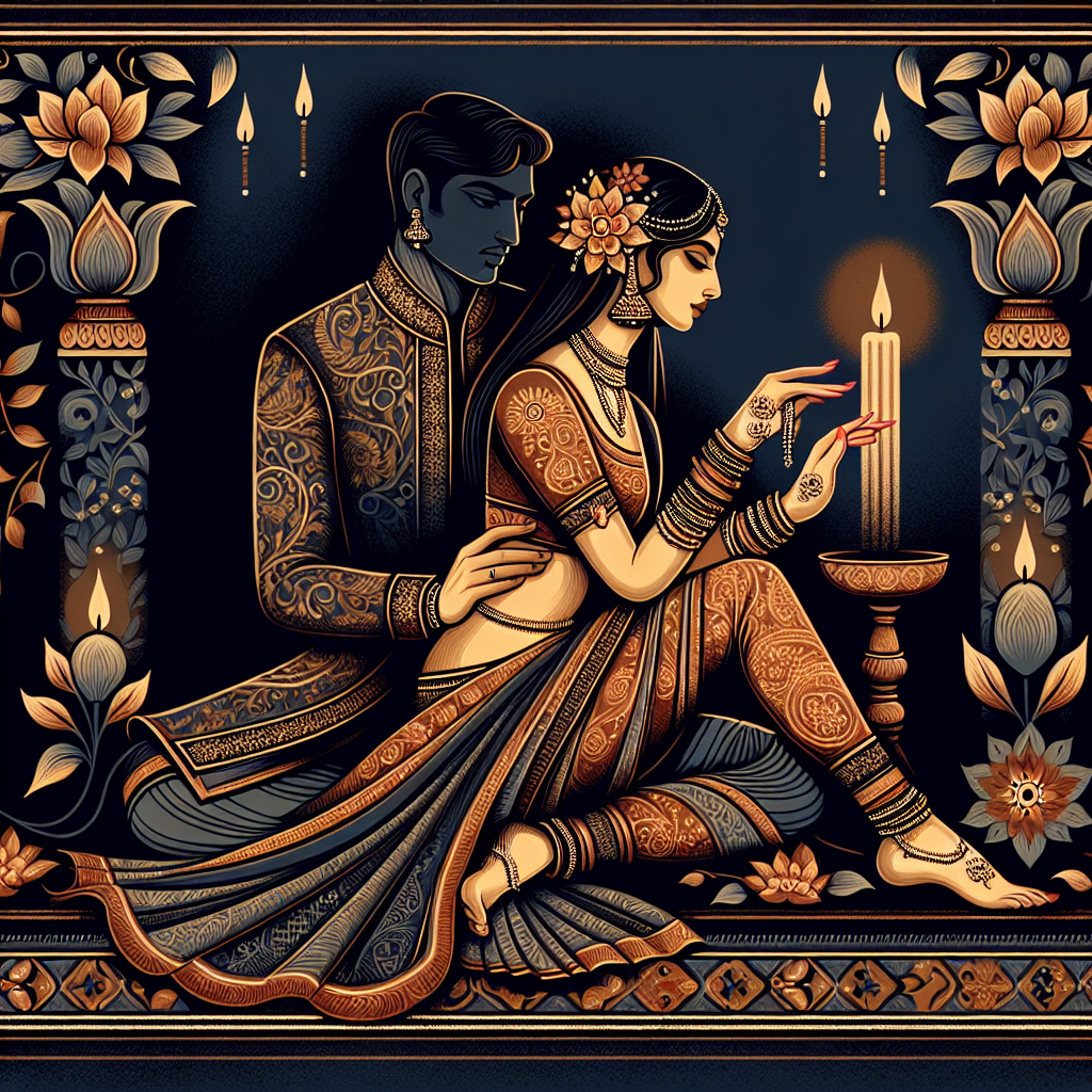 An illustrative image of ancient Indian artwork depicting a couple in an intimate, elegant pose inspired by the Kama Sutra, surrounded by soft candlelight and floral elements, conveying a sense of romantic and sensual atmosphere.