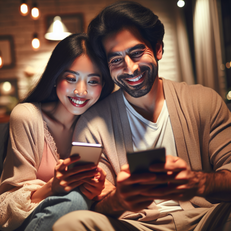 A couple sitting on a couch together, smiling and using their smartphones. The background shows a cozy living room with soft lighting. The image conveys a modern, tech-savvy couple enjoying quality time together with a blend of romantic and digital elements.