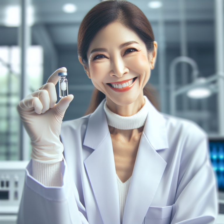 A woman with a relieved expression holding a small vial of saliva, symbolizing a breakthrough in endometriosis diagnosis, in a modern medical environment.