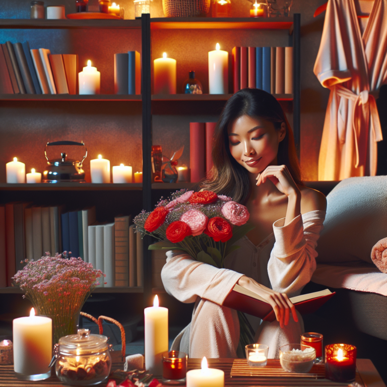 A cozy, inviting scene of a cheerful person enjoying their own company at home on Valentine's Day. They are surrounded by self-care items like a good book, flowers, and perhaps a spa setup with candles.