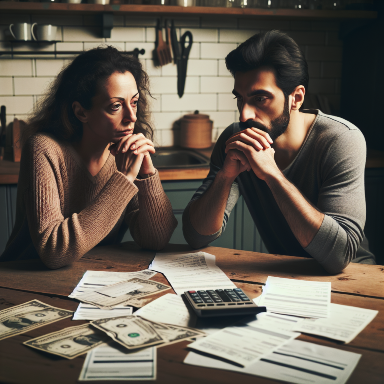 A couple sitting at a kitchen table, engaged in a serious conversation about finances. The table is scattered with bills and a calculator, symbolizing a financial discussion. Both individuals appear pensive, focusing on finding a solution together.