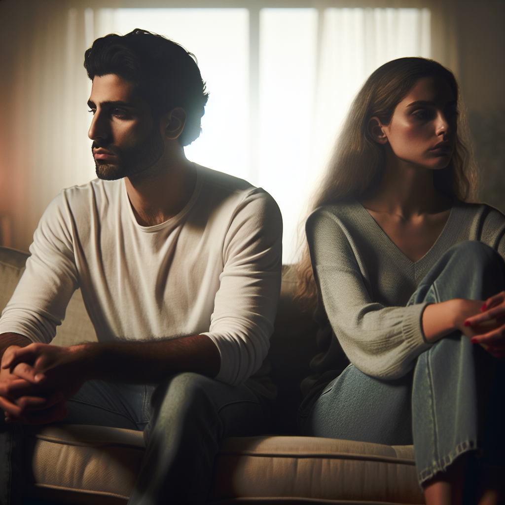 A couple sitting on a sofa, facing opposite directions with thoughtful expressions, in a softly lit room, symbolizing emotional distance and relationship ending.