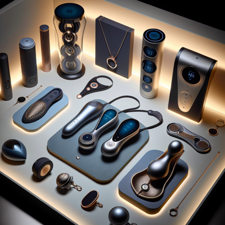 An array of innovative modern sextoys showcasing different designs and technologies. Include a luxurious rabbit vibrator with dual stimulation, a sleek eco-friendly toy, a stylish necklace that doubles as a vibrator, and a high-tech warming rabbit vibrator, all displayed in an elegant setting.