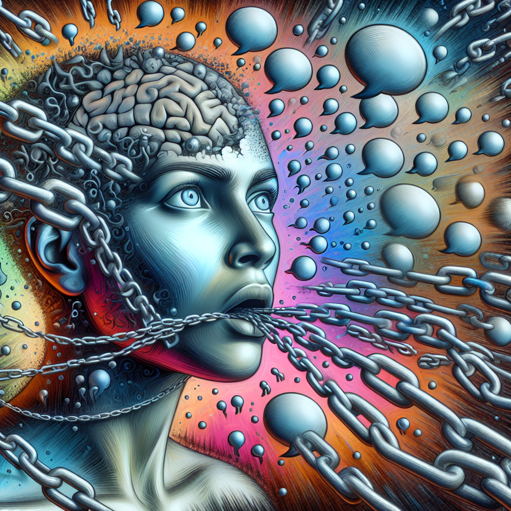 An abstract representation of a person breaking free from invisible verbal chains, symbolizing liberation from manipulative psychological control, with emphasis on speech bubbles and expressions.
