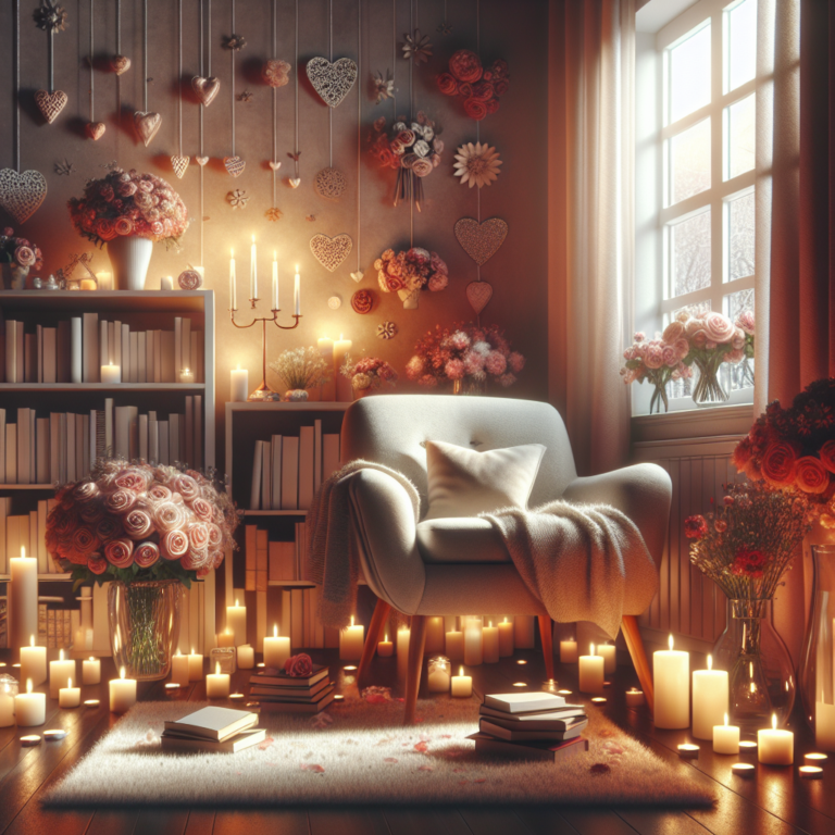 A cozy and inviting room with soft lighting, filled with elements for relaxation such as books, flowers, candles, and a comfortable chair, capturing the essence of a self-love celebration on Valentine's Day.