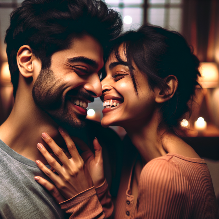 A couple playfully nipping at each other in a tender, loving moment, surrounded by warm, intimate lighting in a cozy room. The image should capture a sense of affection and playfulness, showing both partners smiling and enjoying each other's company.