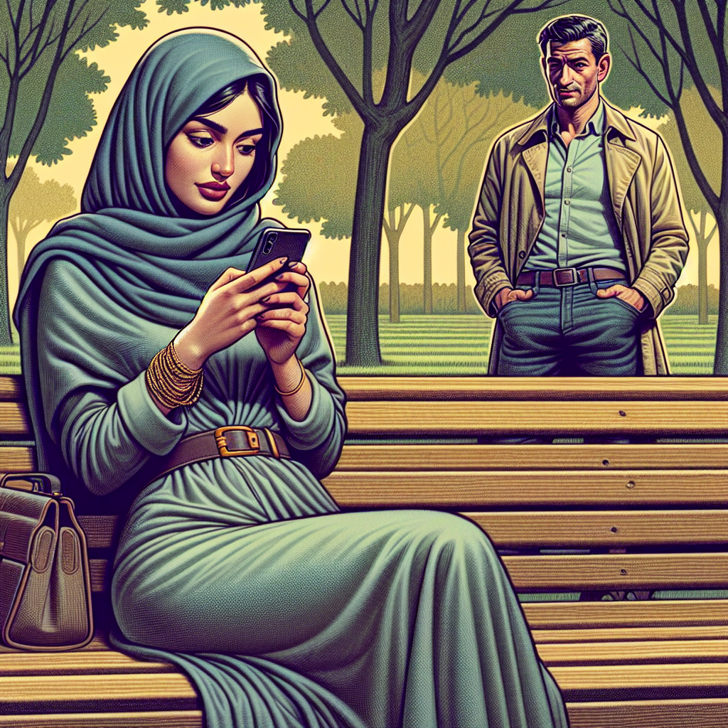 A subtle illustration of a person with a phone in hand, sitting on a park bench, exchanging secretive glances with another person across the park, capturing the essence of micro-cheating with a soft and discreet tone.
