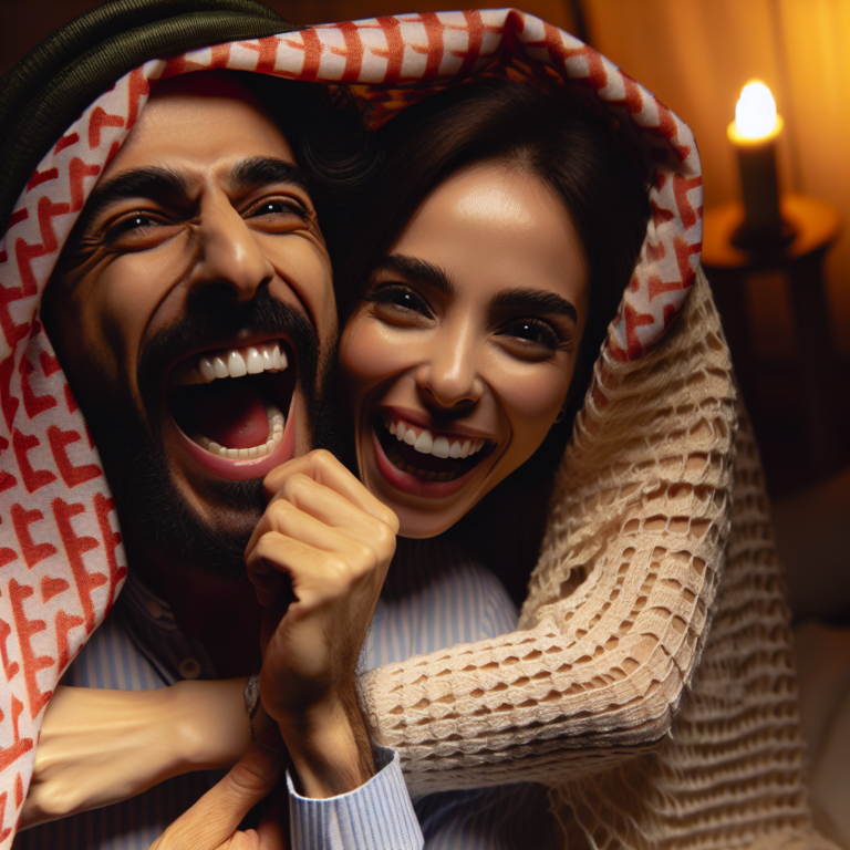 A couple playfully biting each other, showing expressions of joy and surprise, set in a cozy, intimate environment with warm lighting.