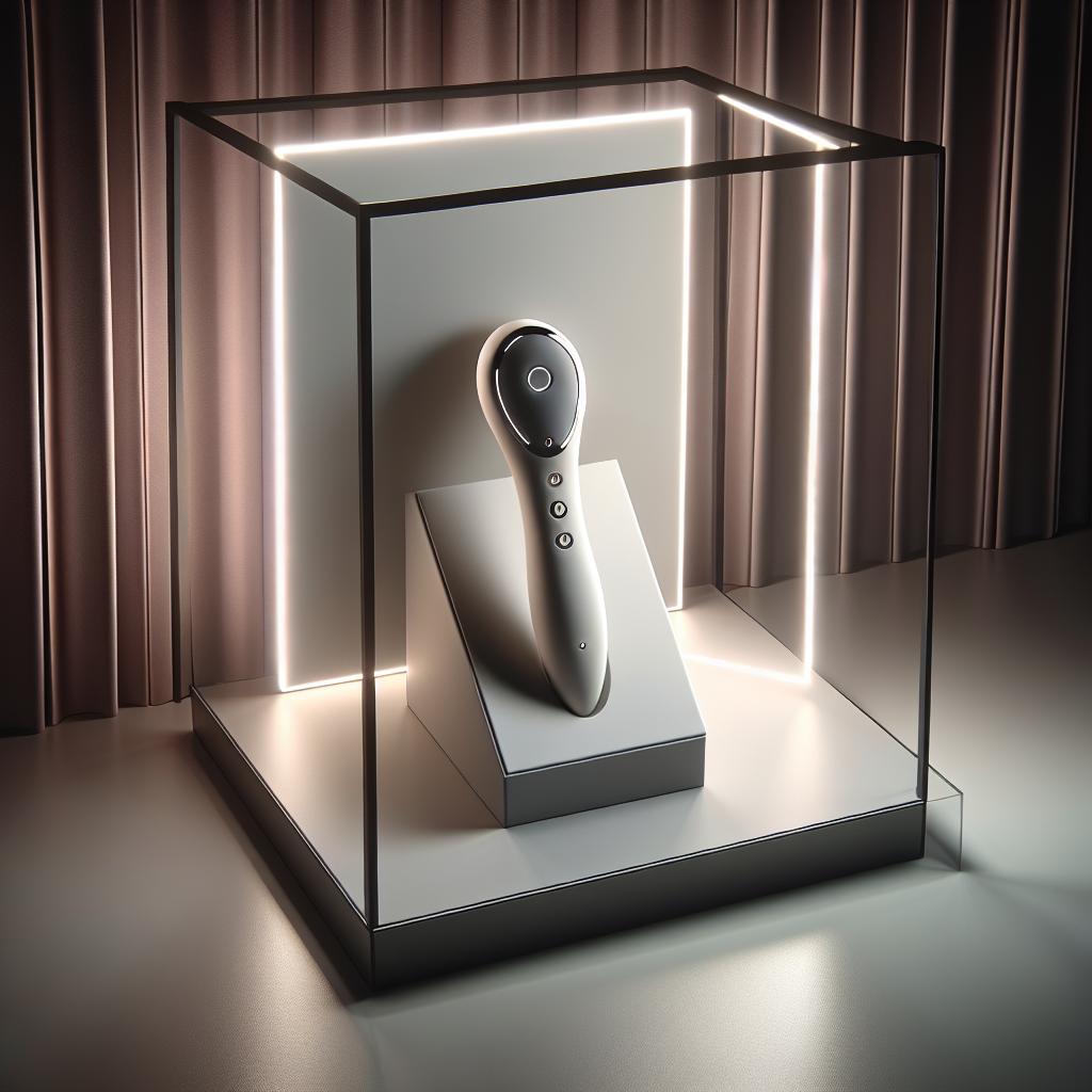 A futuristic and stylish sextoy displayed in a modern, minimalist setting with soft lighting. The scene should highlight the innovation and elegance of the product, with a focus on sleek and ergonomic design. The background is simple and sophisticated, showcasing the product as a piece of art.