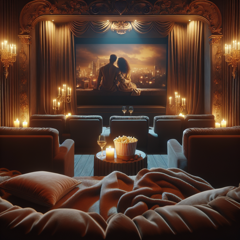 A romantic and sensual atmosphere in a cozy home theater setting, with a large screen displaying a classic romantic movie scene surrounded by dim warm lighting and plush seating. A bucket of popcorn and a glass of wine are placed on a small table beside the comfortable sofa, enhancing the intimate ambiance.