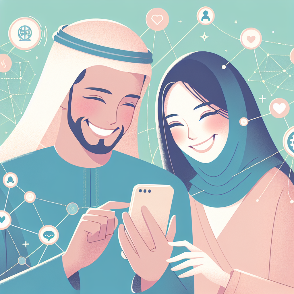 Illustration showing a diverse couple smiling and using a smartphone together, surrounded by digital icons representing communication and love. Soft color palette, modern and uplifting design.